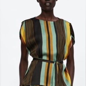 Zara Striped Gold, Black, Rust, Green Satin Belted Blouse Size US M
